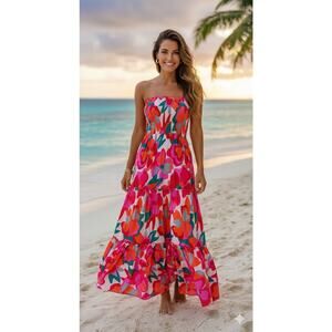 Abel the Label Floral Strapless Maxi Dress Tropical Tiered Summer Boho Resort